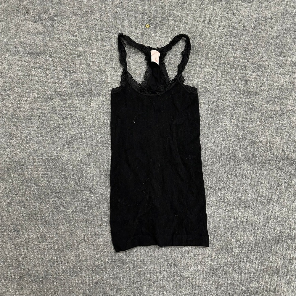 M.U.S.A. Tank Top Womens Size M Black Lace Trim Racerback Ribbed Slim Fit USA
